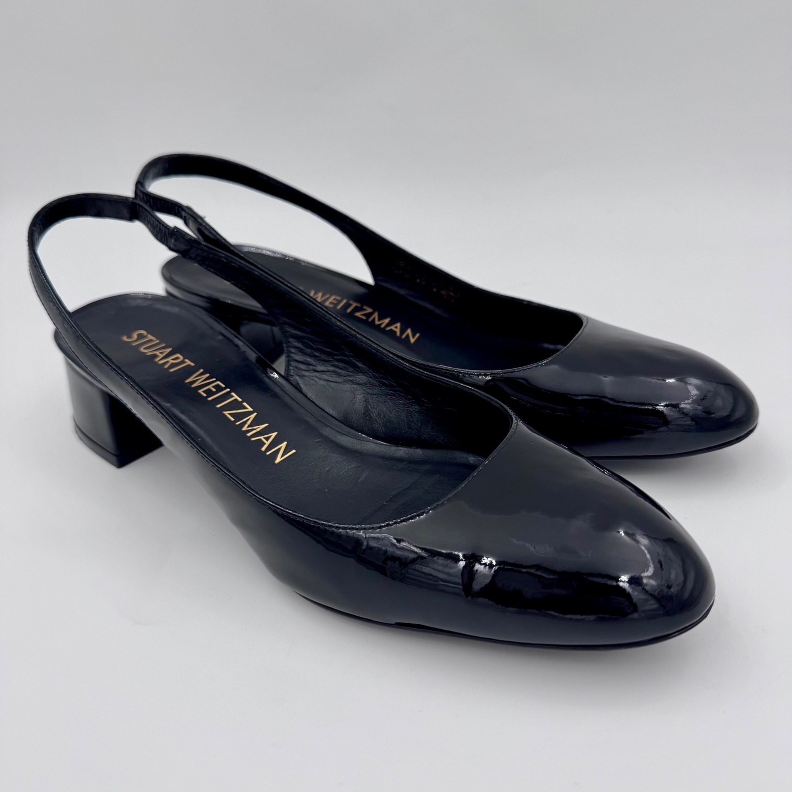 Euc Stuart Weitzman Vivienne Black Patent Leather Slingback Low Block Heel 8.5b